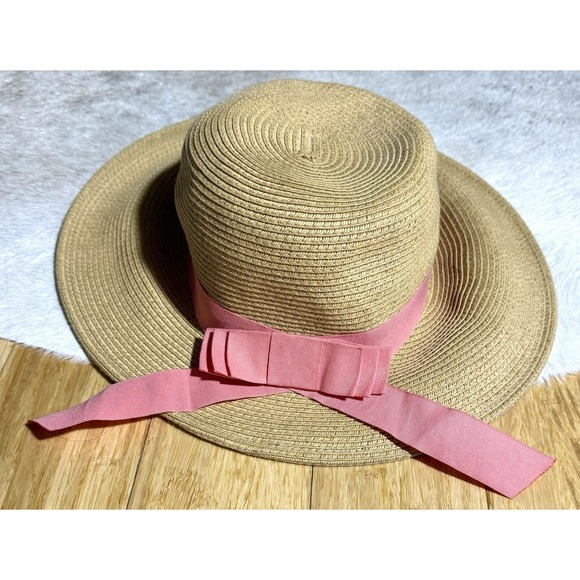 C.C Frayed Bow Trim Band Panama Hat Tan With Pink Bow Floppy Sun Beach Hat Paper - Picture 1 of 4
